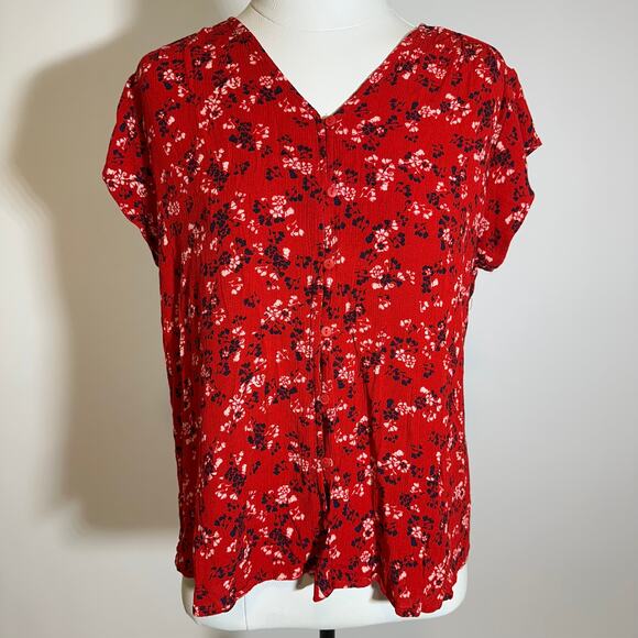 Liz Claiborne Red Floral Short Sleeve Button Up Gauze Blouse Womens Size Large L - Picture 1 of 8